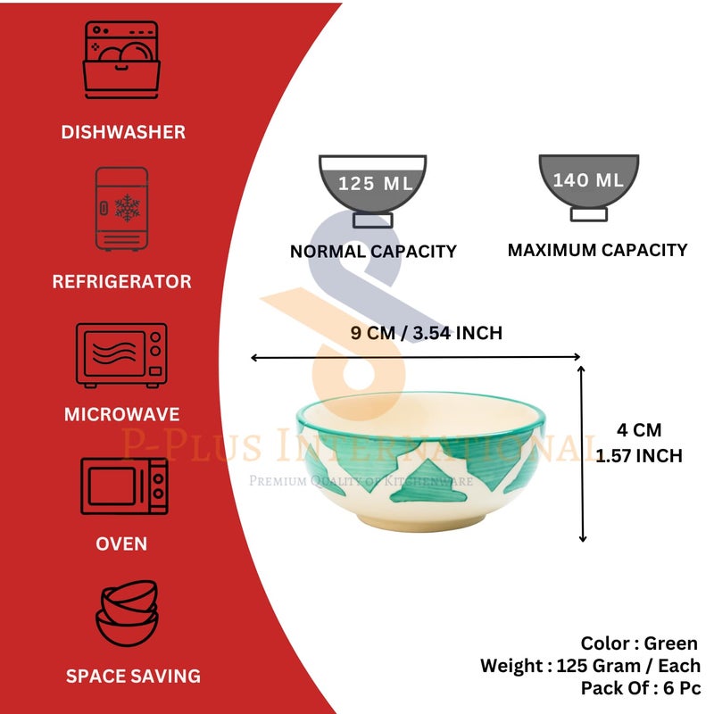 P-PLUS INTERNATIONAL Ceramic Serving Bowls | Microwave & Dishwasher Safe | for Cereal, Soup, Oatmeal, Ice Cream, Salad, Pasta | Hand Painted Dinnerware Gift Set | 125 ML 9 CM (Green, Set of 6) - Image 2