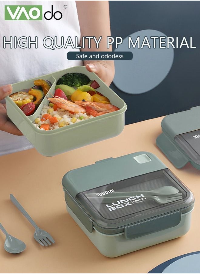VAOdo - Divided Student Lunch Box Sealed Leakproof Microwaveable Bento Box with Tableware Green - Image 1
