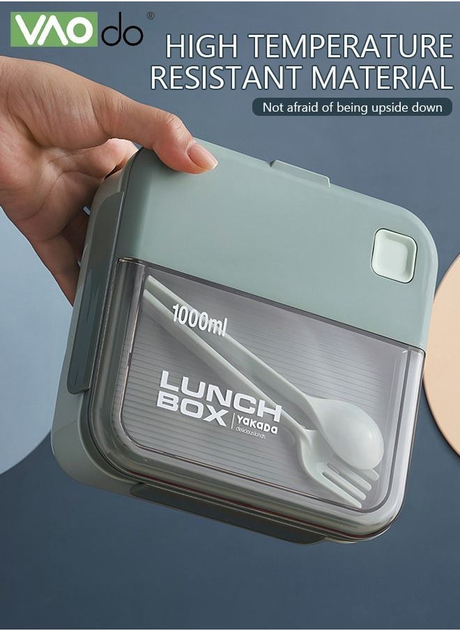 VAOdo - Divided Student Lunch Box Sealed Leakproof Microwaveable Bento Box with Tableware Green - Image 1