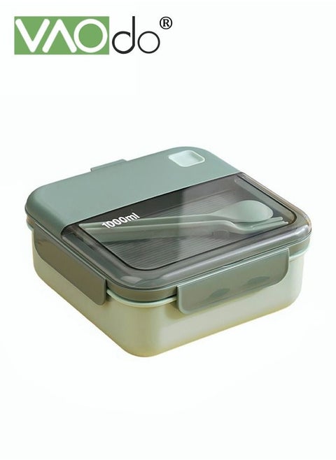 Divided Student Lunch Box Sealed Leakproof Microwaveable Bento Box with Tableware Green