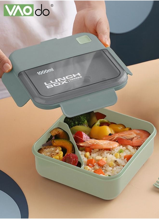 VAOdo - Divided Student Lunch Box Sealed Leakproof Microwaveable Bento Box with Tableware Green - Image 1