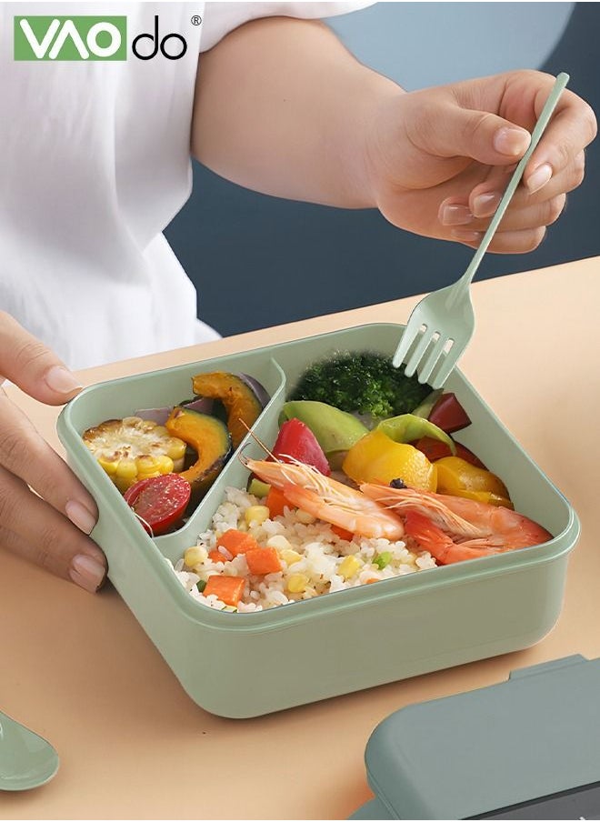 VAOdo - Divided Student Lunch Box Sealed Leakproof Microwaveable Bento Box with Tableware Green - Image 1