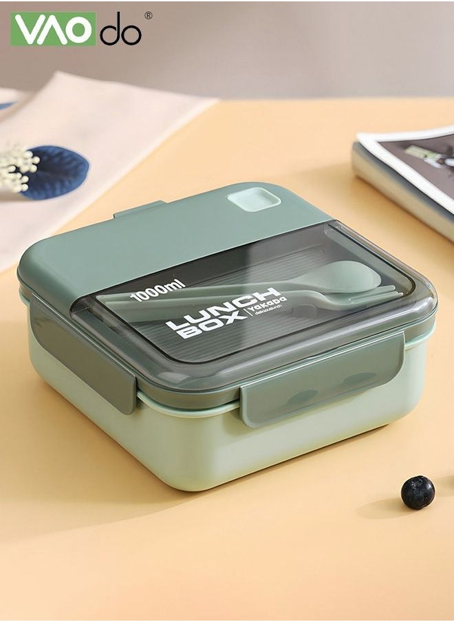VAOdo - Divided Student Lunch Box Sealed Leakproof Microwaveable Bento Box with Tableware Green - Image 1