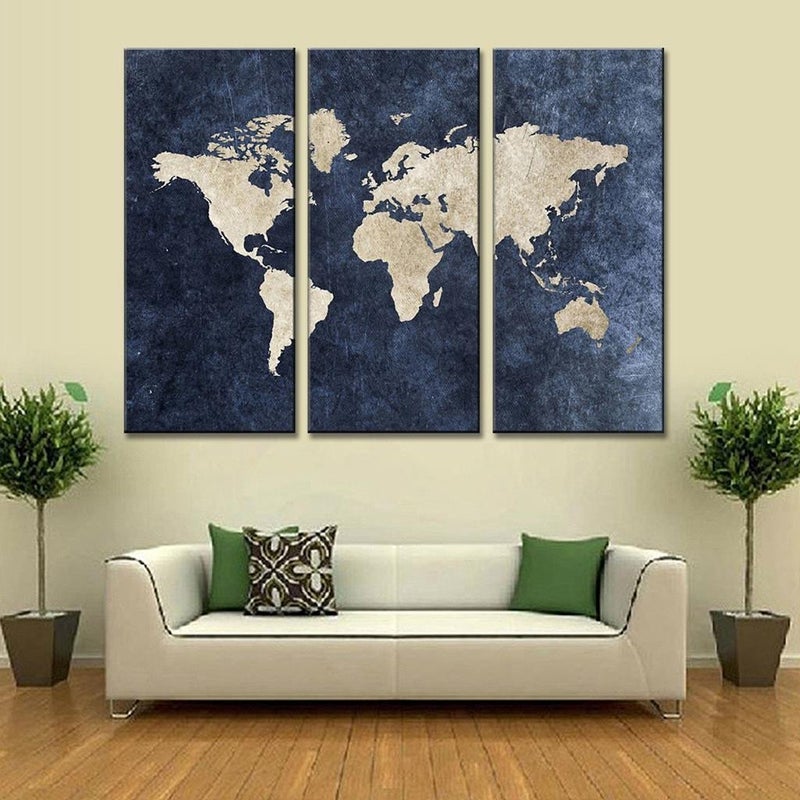 TECHBITE Multiple frames Split Painting on 5 mm White Sun board World Map on Navy Panels wall art 3 Frames Wall Decor Ready to hang 48 x 32 - Image 1