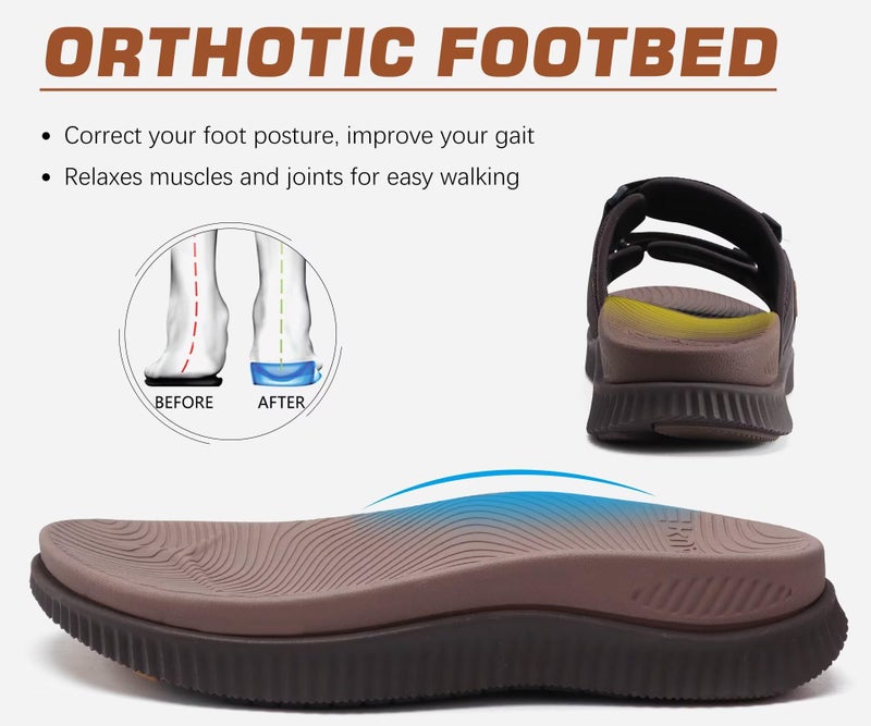 KuaiLu Mens Walking Slide Sandals Orthopedic Athletic Thick Cushion Recovery Sport Sandles Adjustable Strap Open Toe Slip On Memory Foam Slippers Comfort Plantar Fasciitis Arch Support Brown Size 10 - Image 3
