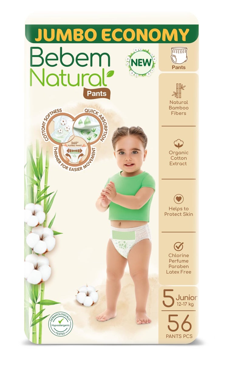 Bebem Natural Baby Diapers Pants Diapers Size 4,9-14 KG, Jumbo Pack, 56 Units, Organic Cotton & Bamboo Fibers