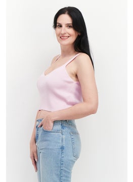 GLAMOROUS Women V-Neck Sleeveless Ribbed Crop Top, Pink  - Image 3