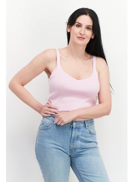 GLAMOROUS Women V-Neck Sleeveless Ribbed Crop Top, Pink  - Image 1