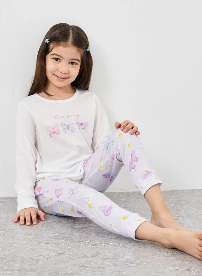 Styli Styli Girls Butterfly Print T-Shirt and Pyjama Set