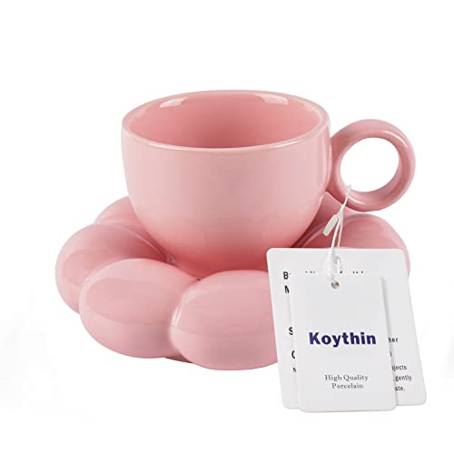 Koythin Ceramic Coffee Mug with Saucer Set Creative Cute Cup with Sunflower Coaster for Office and Home 65 oz200 ml for Tea Latte Milk Suitable for Mom on Mothers Day Peach Pink