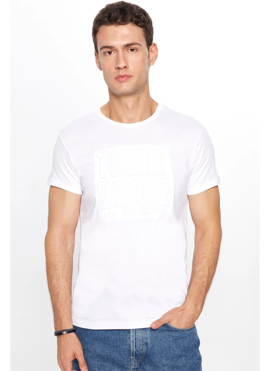 Tudors Men's Slim Fit Narrow Cut 100% Cotton Soft Textured Printed White Crew Neck T-Shirt
