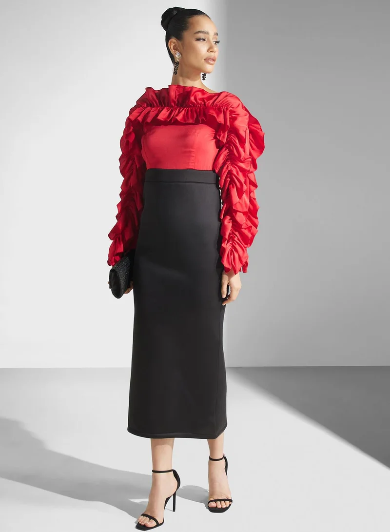 Golden Apple Ruffle Sleeve Color Block Dress