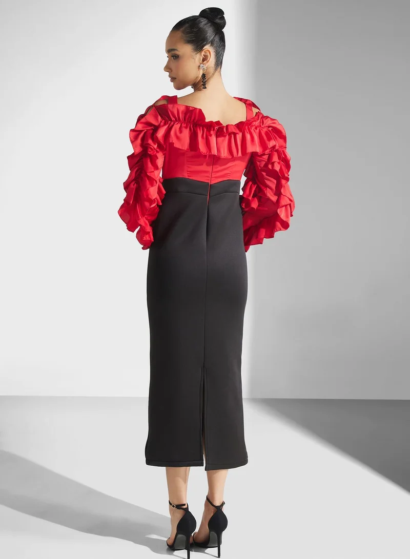 Golden Apple Ruffle Sleeve Color Block Dress