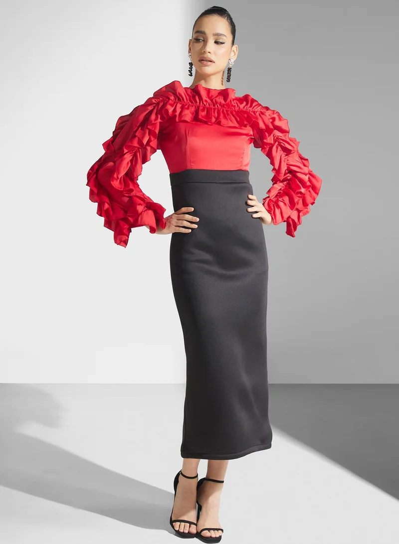 Golden Apple Ruffle Sleeve Color Block Dress