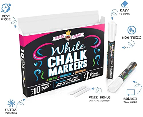CHALKY CROWN Liquid Chalk Marker Pen - White Dry Erase Marker - Chalk Markers for Chalkboard Signs, Windows, Blackboard, Glass - 6mm Reversible Tip (10 Pack) - Image 2