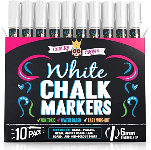CHALKY CROWN Liquid Chalk Marker Pen - White Dry Erase Marker - Chalk Markers for Chalkboard Signs, Windows, Blackboard, Glass - 6mm Reversible Tip (10 Pack) - Image 1