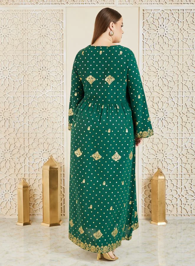 Styli Plus Embroidered Lace Foil Print Jalabiya