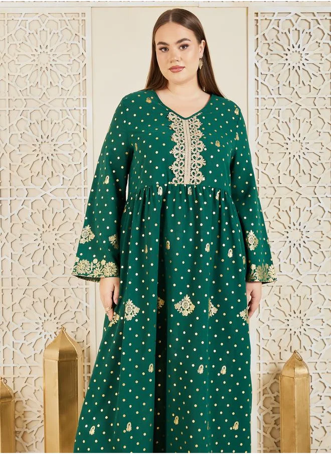 ستايلي Plus Embroidered Lace Foil Print Jalabiya