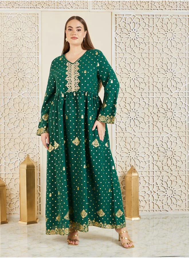 ستايلي Plus Embroidered Lace Foil Print Jalabiya