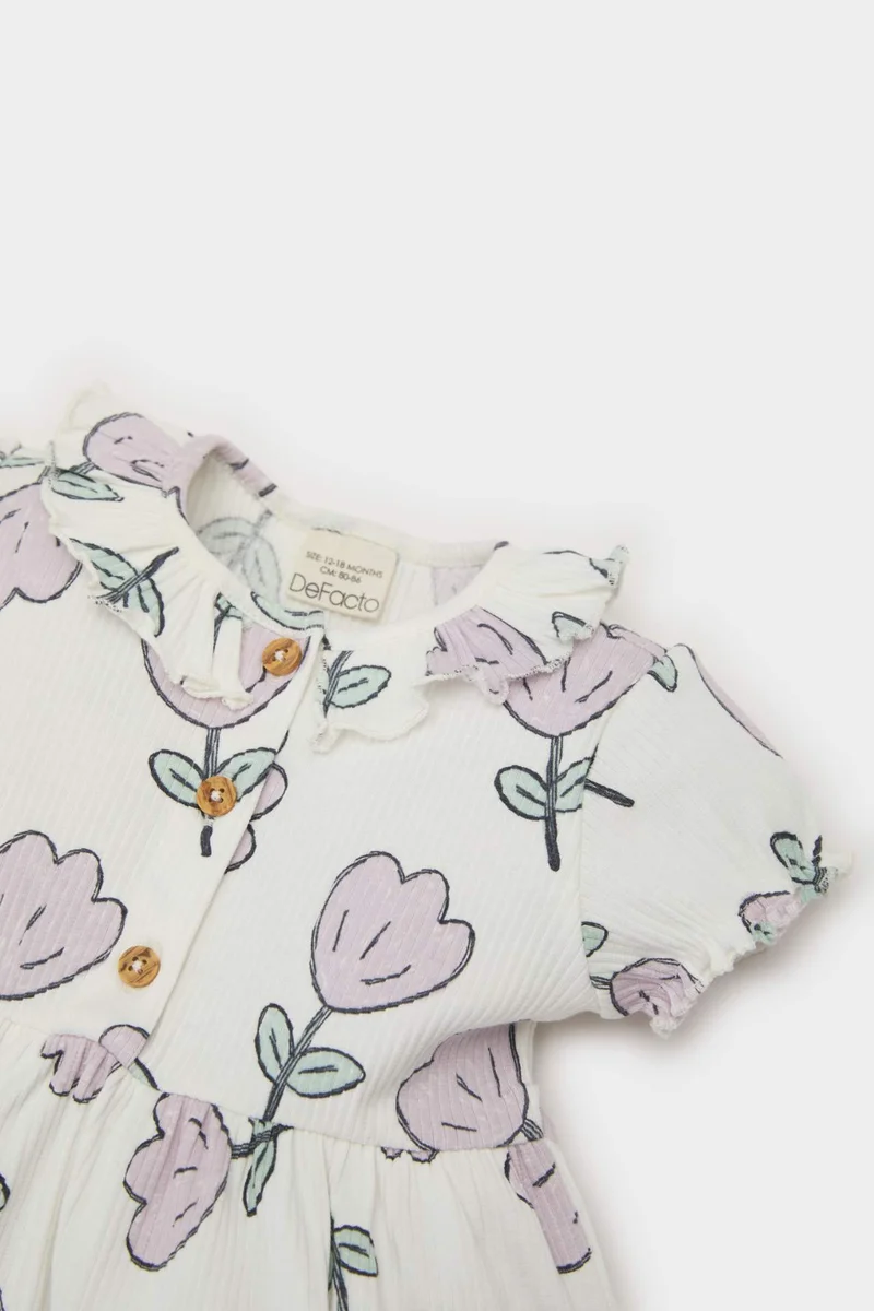 ديفاكتو Baby Girl Floral Short Sleeve Corduroy Dress