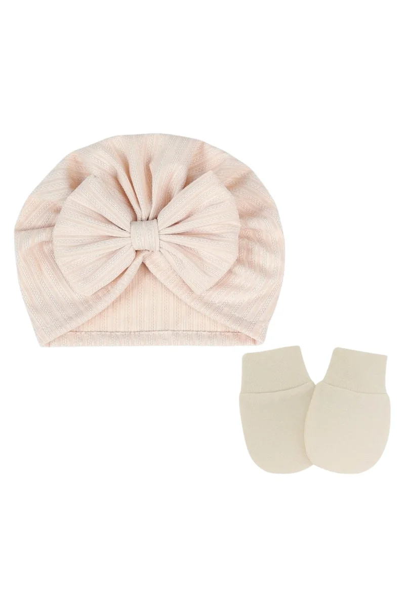Bambimici Babybow Turban Hat And Mittens Cream