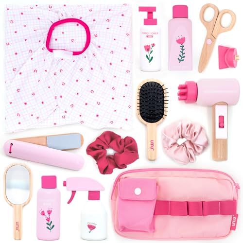 UMU Wooden Hair Salon Playset 17 Pcs Pretend Hairdressing Toy with Hair Dryer Straightener Mirror Comb Accessories Little Woman Design Beauty Role Play Toy for Girls Ages 3 4 5 6 - Image 1