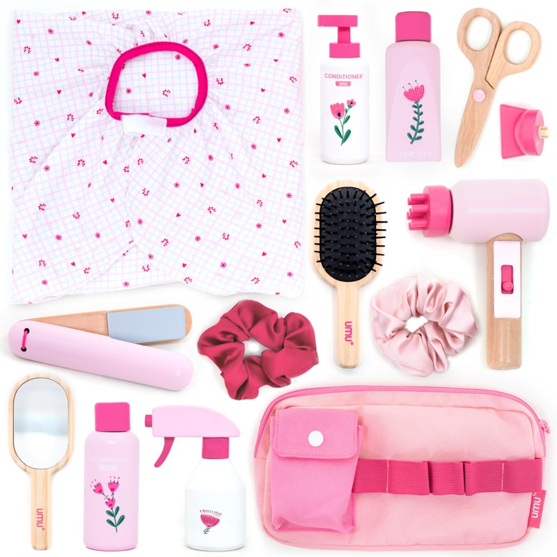 UMU Wooden Hair Salon Playset 17 Pcs Pretend Hairdressing Toy with Hair Dryer Straightener Mirror Comb Accessories Little Woman Design Beauty Role Play Toy for Girls Ages 3 4 5 6 - Image 3
