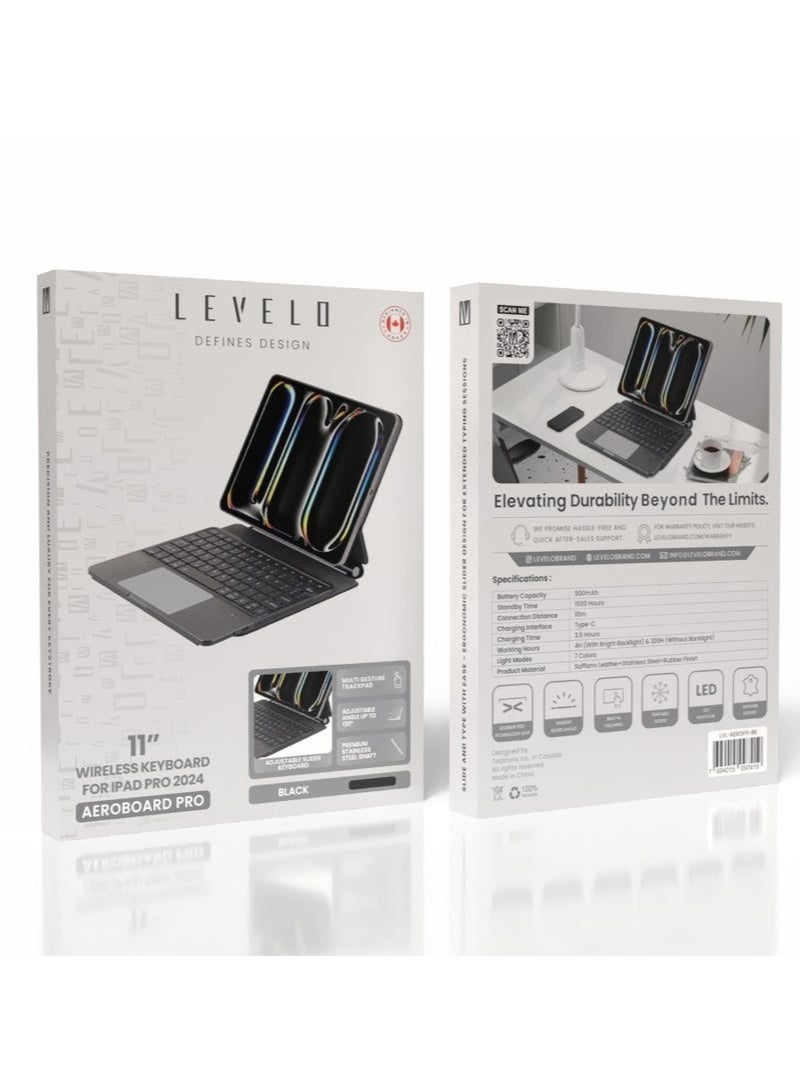 ليفيلو لوحة مفاتيح آيباد برو 11 بوصة 2024 لاسلكية  AeroBoard Pro الجلد السافيانو / مفاتيح تقنية الأقدام المقصية / مفتاح مقص / تصميم محمول / تخطيط التوهج المحيط - أسود - Image 2