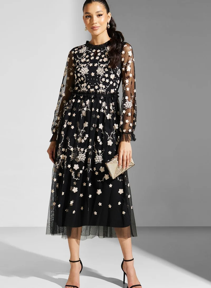 Frock and Frill Floral Mesh Detail Dress