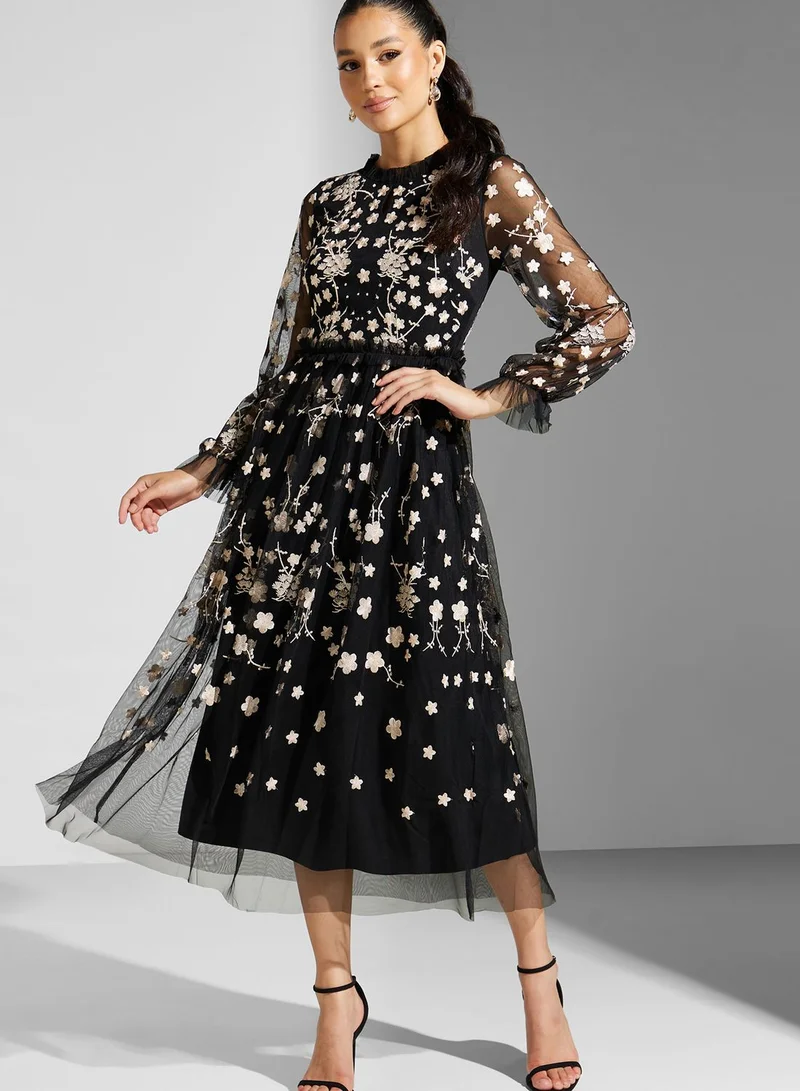 Frock and Frill Floral Mesh Detail Dress