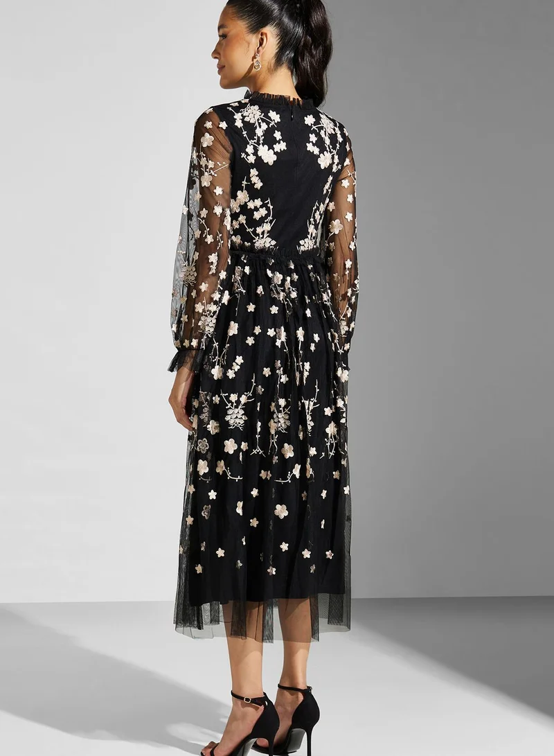 Frock and Frill Floral Mesh Detail Dress