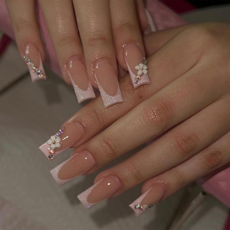 24pcs Medium Square French Tip False Nails Glitter White Tip Stickon With Rhinestone Flower Nude Pink Presson Removable Glueon Acrylic Full Cover Fake Nails for Women Girls