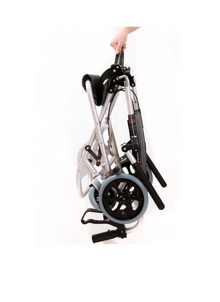 A chair for use during travel in airports and airplanes. The chair’s frame is made of lightweight, heavy-duty aluminum. The armrest is foldable, which facilitates the patient’s transfer from the chair. The footrest in the chair is foldable.