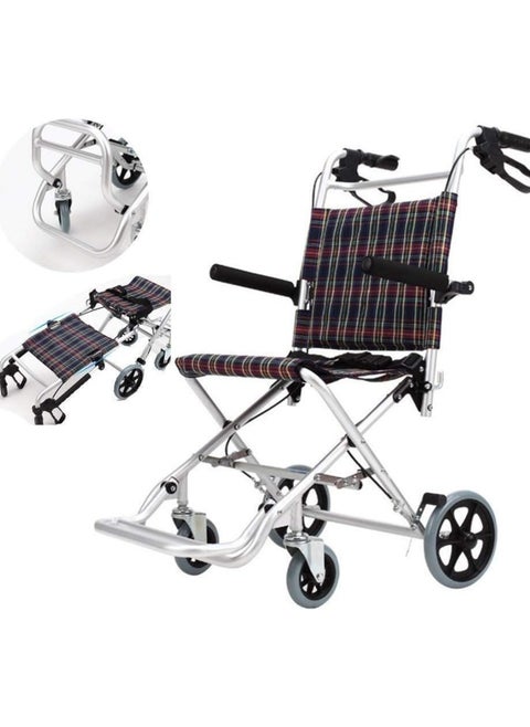 A chair for use during travel in airports and airplanes. The chair’s frame is made of lightweight, heavy-duty aluminum. The armrest is foldable, which facilitates the patient’s transfer from the chair. The footrest in the chair is foldable.