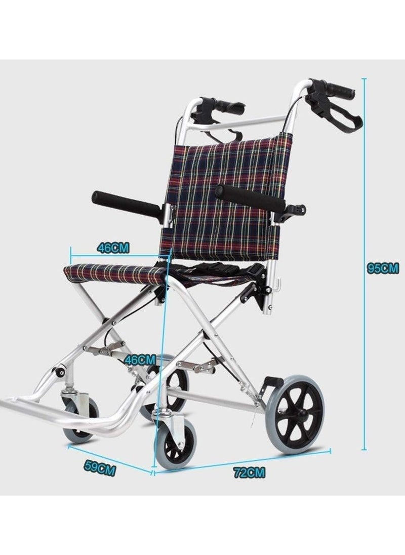 A chair for use during travel in airports and airplanes. The chair’s frame is made of lightweight, heavy-duty aluminum. The armrest is foldable, which facilitates the patient’s transfer from the chair. The footrest in the chair is foldable.
