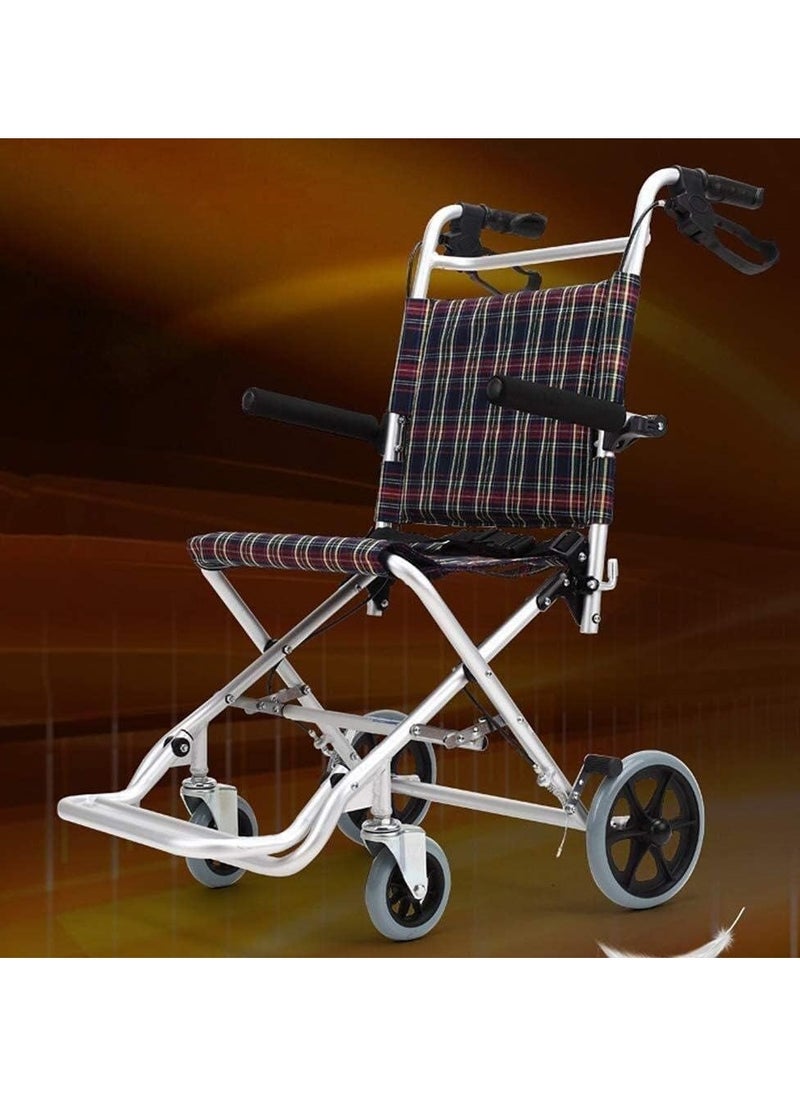 A chair for use during travel in airports and airplanes. The chair’s frame is made of lightweight, heavy-duty aluminum. The armrest is foldable, which facilitates the patient’s transfer from the chair. The footrest in the chair is foldable.