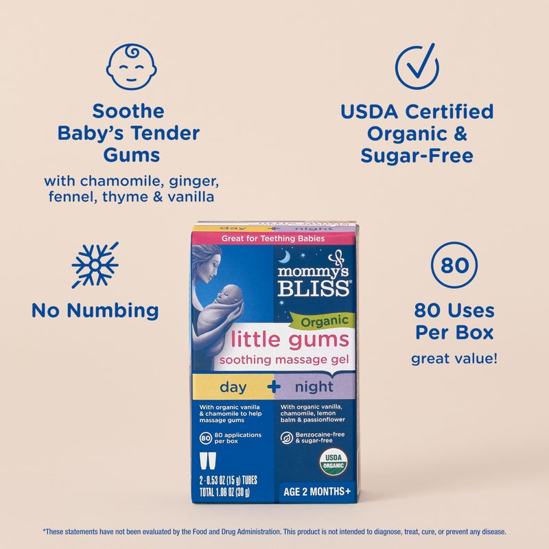 Mommy's Bliss Organic Little Gums Soothing Massage Gel Day and Night Combo, Great for Teething Babies, Age 2 Months+, Sugar Free, Mild & Sweet Flavor, 2 - 0.53 Oz Tubes (Pack of 1) - Image 3