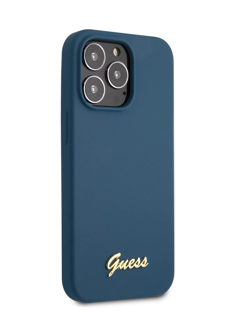GUESS iPhone 13 Pro Case 6.1inch Liquid Silicone Back Cover with Gold Metal Logo Script - Blue - Image 3