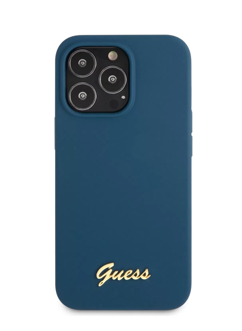 GUESS iPhone 13 Pro Case 6.1inch Liquid Silicone Back Cover with Gold Metal Logo Script - Blue - Image 1