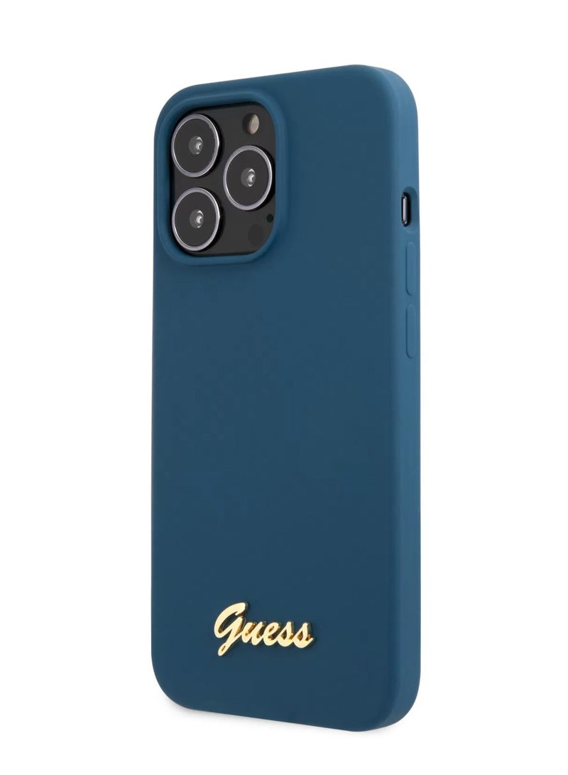GUESS iPhone 13 Pro Case 6.1inch Liquid Silicone Back Cover with Gold Metal Logo Script - Blue - Image 2