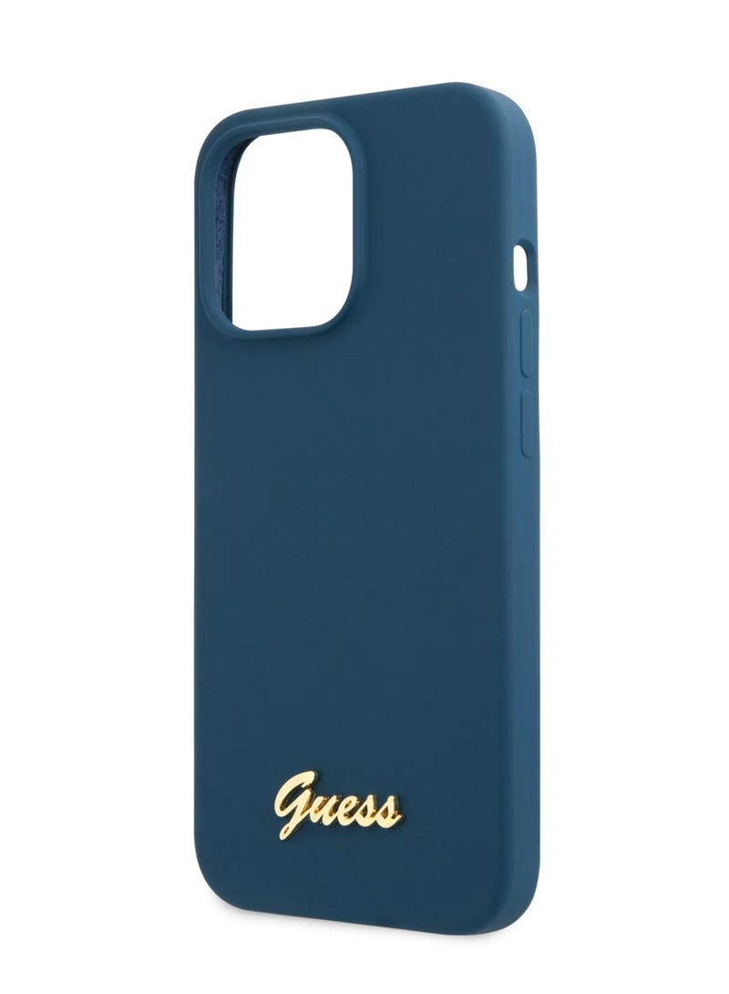 GUESS iPhone 13 Pro Case 6.1inch Liquid Silicone Back Cover with Gold Metal Logo Script - Blue - Image 4