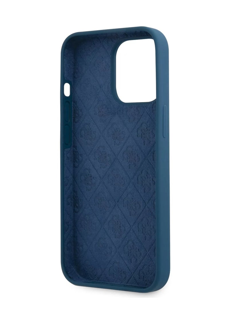GUESS iPhone 13 Pro Case 6.1inch Liquid Silicone Back Cover with Gold Metal Logo Script - Blue - Image 5