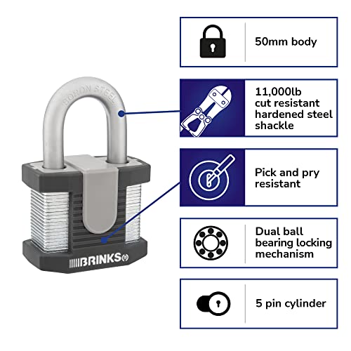 BRINKS - 50mm Commercial Laminated Steel Keyed Padlock - Solid Steel Body with Boron Steel Shackle, Chrome - Image 2