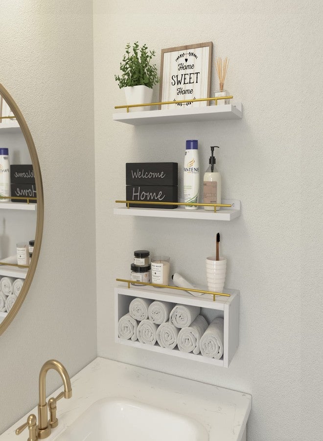 WOPITUES Floating Shelves for Wall with Cube Shelf, Wall Shelves with Metal Rail for Decor, Bathroom Organizers and Storage, Over Toilet Shelves for Bathroom, Toilet Paper-White&Gold - Image 2