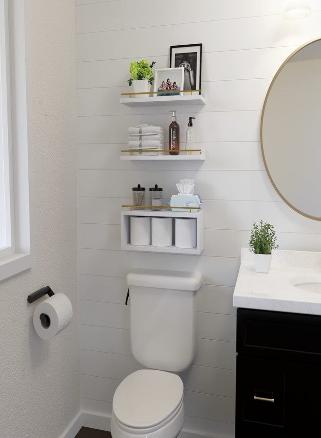 WOPITUES Floating Shelves for Wall with Cube Shelf, Wall Shelves with Metal Rail for Decor, Bathroom Organizers and Storage, Over Toilet Shelves for Bathroom, Toilet Paper-White&Gold - Image 3