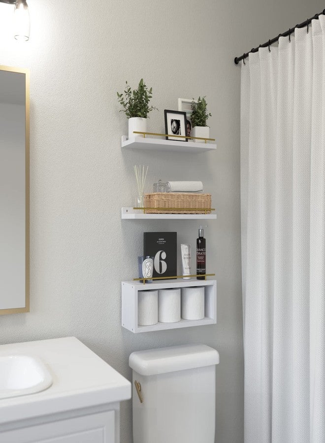 WOPITUES Floating Shelves for Wall with Cube Shelf, Wall Shelves with Metal Rail for Decor, Bathroom Organizers and Storage, Over Toilet Shelves for Bathroom, Toilet Paper-White&Gold - Image 5