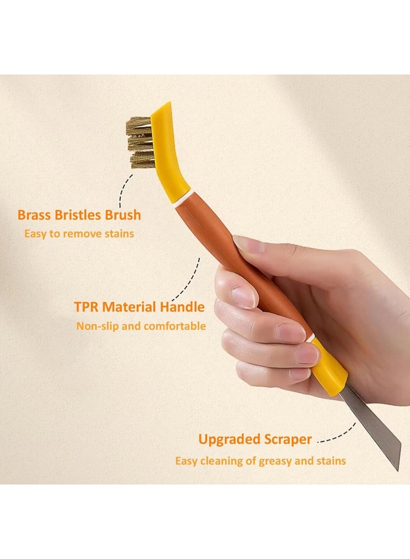 SOLARAE مجموعة فرش تنظيف المطبخ، 4 قطع فرشاة تنظيف الموقد مع مكابس صغيرة، فرشاة نحاسية مزدوجة الرأس للموقد، فرشاة نايلون لإزالة الصدأ ذات شعيرات صلبة للحوض، النافذة، المرآب، أخضر، أصفر - Image 4