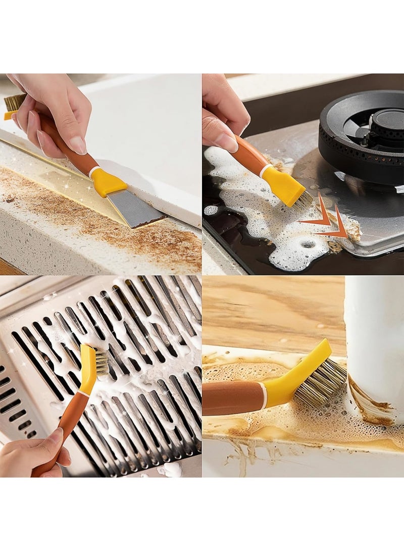 SOLARAE مجموعة فرش تنظيف المطبخ، 4 قطع فرشاة تنظيف الموقد مع مكابس صغيرة، فرشاة نحاسية مزدوجة الرأس للموقد، فرشاة نايلون لإزالة الصدأ ذات شعيرات صلبة للحوض، النافذة، المرآب، أخضر، أصفر - Image 2