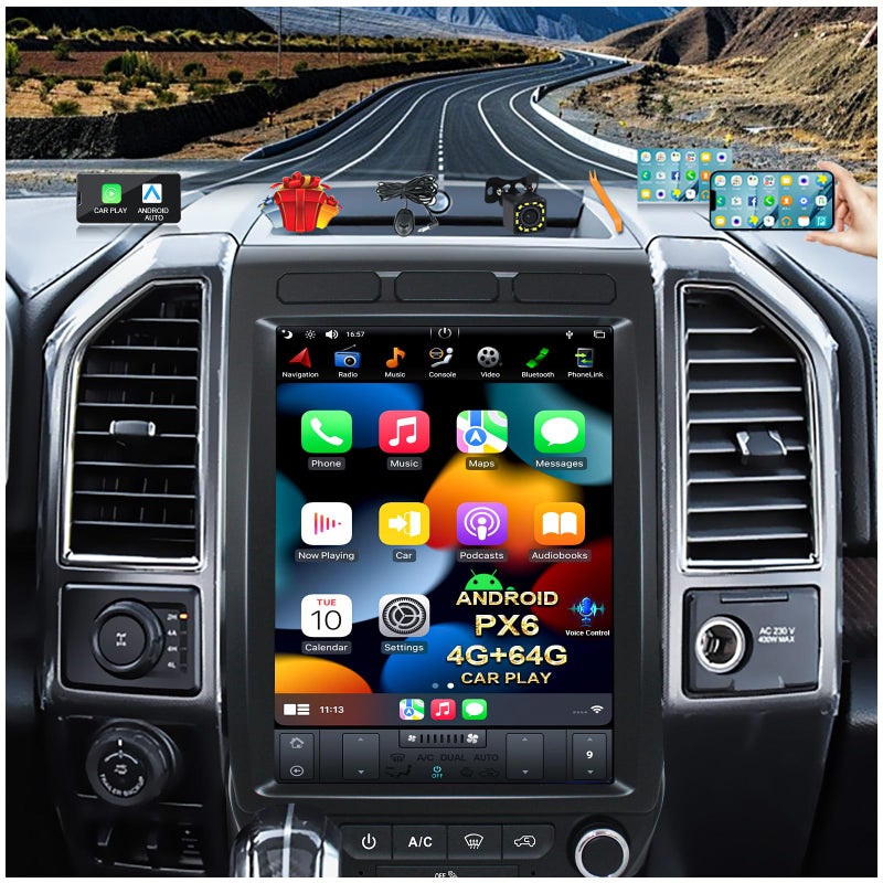 راديو ستيريو سيارة CUSP 121 بوصة مع نظام GPS للملاحة لفورد F150 رابتور 20152021 F250 F350 F450 20172021 شاشة عمودية أندرويد PX6 4G64G مشغل وسائط في مجموعة وحدة الرأس مع خاصية كار بلاي