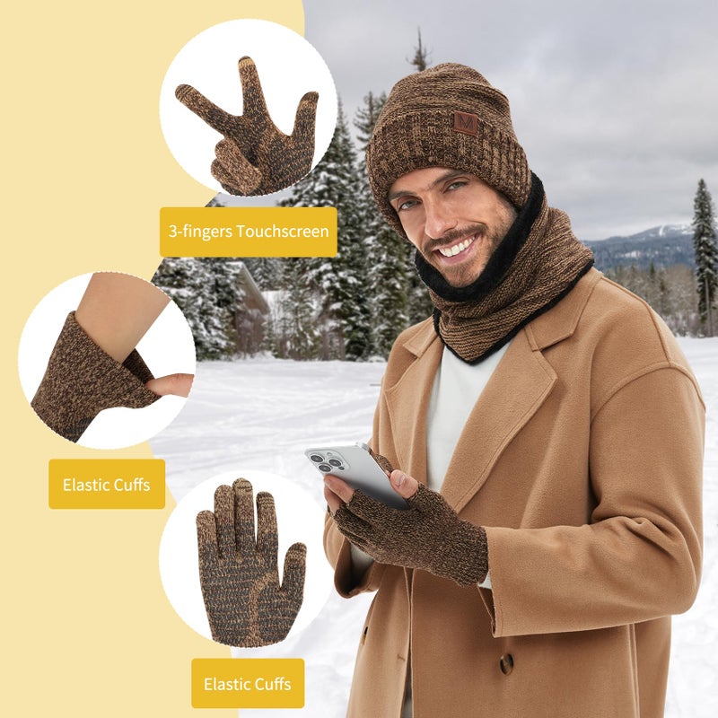 MAYLISACC Winter Mens Womens Knit Beanie Hat Stocking Skull Cap Infinity Circle Loop Scarf and Touch Screen Gloves 3Pcs Set Black - Image 4
